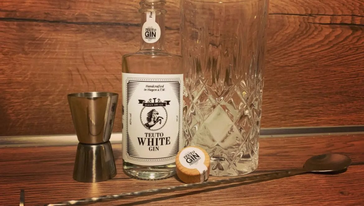 Teuto White Gin mit Glas und Cocktail Zubehör